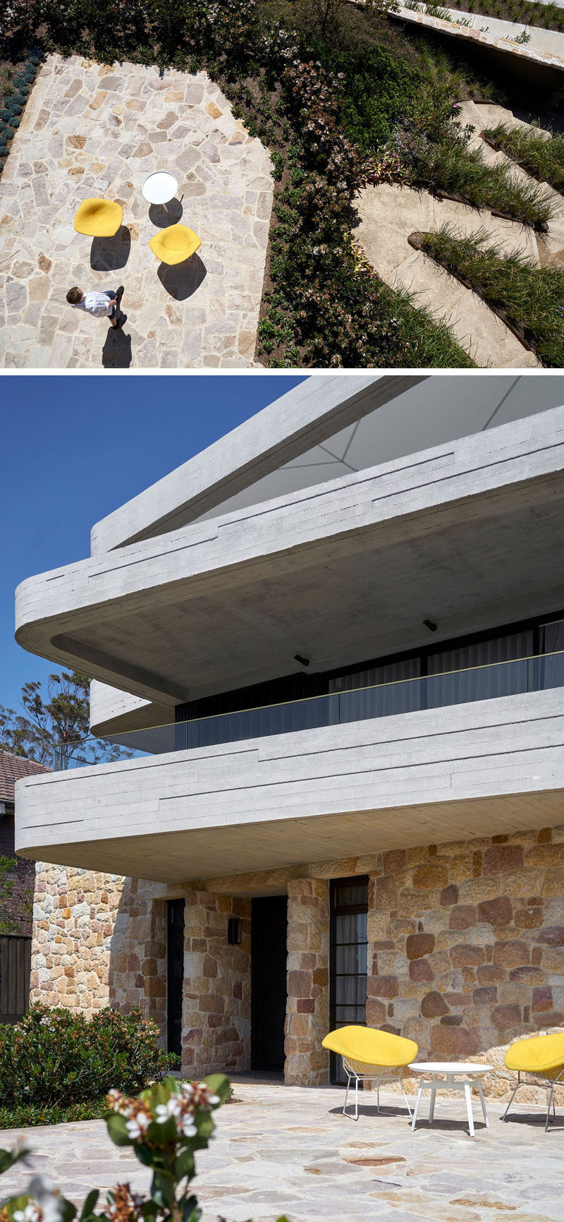 This modern house has a path that winds its way through the garden, and steel edgings help to contain the gravel and sandstone steps. At the top of the path is a patio and the front door that's surrounded by sandstone walls.  #Landscaping #Path #Sandstone #Patio