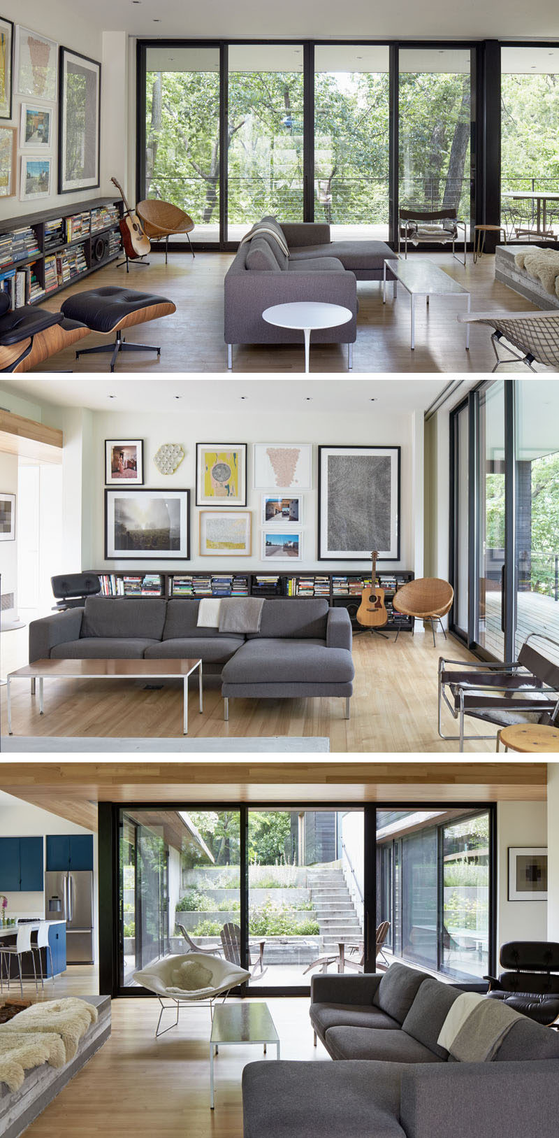 Large sliding glass and screen doors connect the kitchen, dining room and the living room of this modern house to the courtyard and the porch, and provide the entire house with sufficient cross ventilation to enjoy summer breezes during evening hours. #ModernHouse #LivingRoom #InteriorDesign