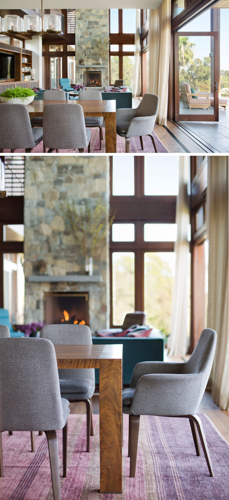 This modern dining area has been been defined in the open plan room by the use of a colored rug. #DiningRoom #InteriorDesign