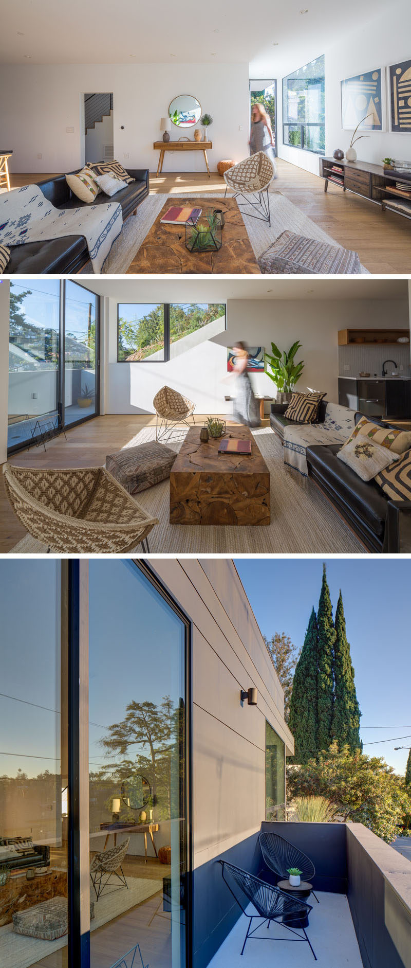 Inside this modern house, the living room, dining room and kitchen share the same open space, while located off the living room is another small deck with space to sit outside. #LivingRoom #InteriorDesign