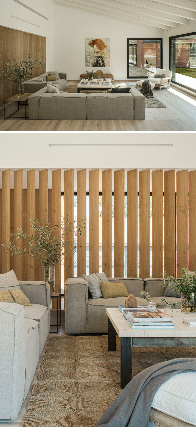 Inside this home, an angled wood partition separates the living room from the hallway. The use of natural colors, textures and fibers in the living room creates a relaxed environment. #LivingRoom #ModernLivingRoom #InteriorDesign