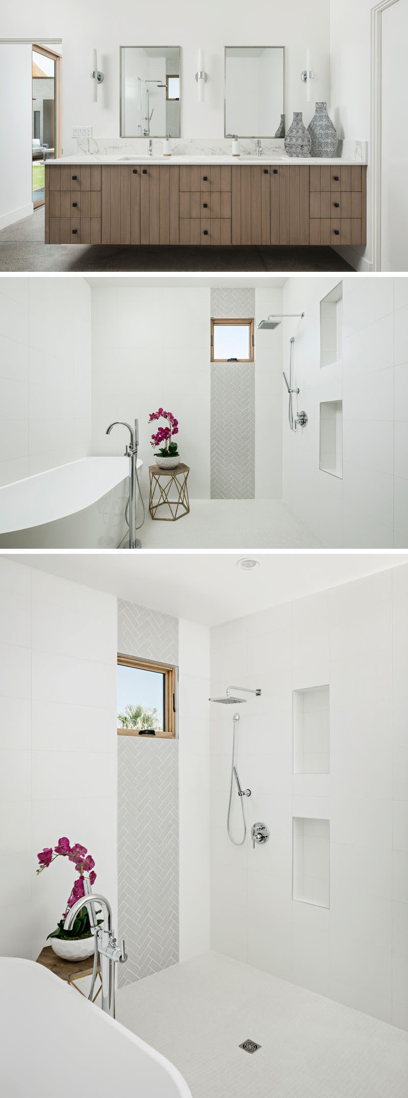 This modern master bathroom contains an open shower with built-in shelving, a freestanding tub and the wood vanity cabinetry echoes the vaulted ceiling of the great room. #MasterBathroom #ModernBathroom #BathroomDesign