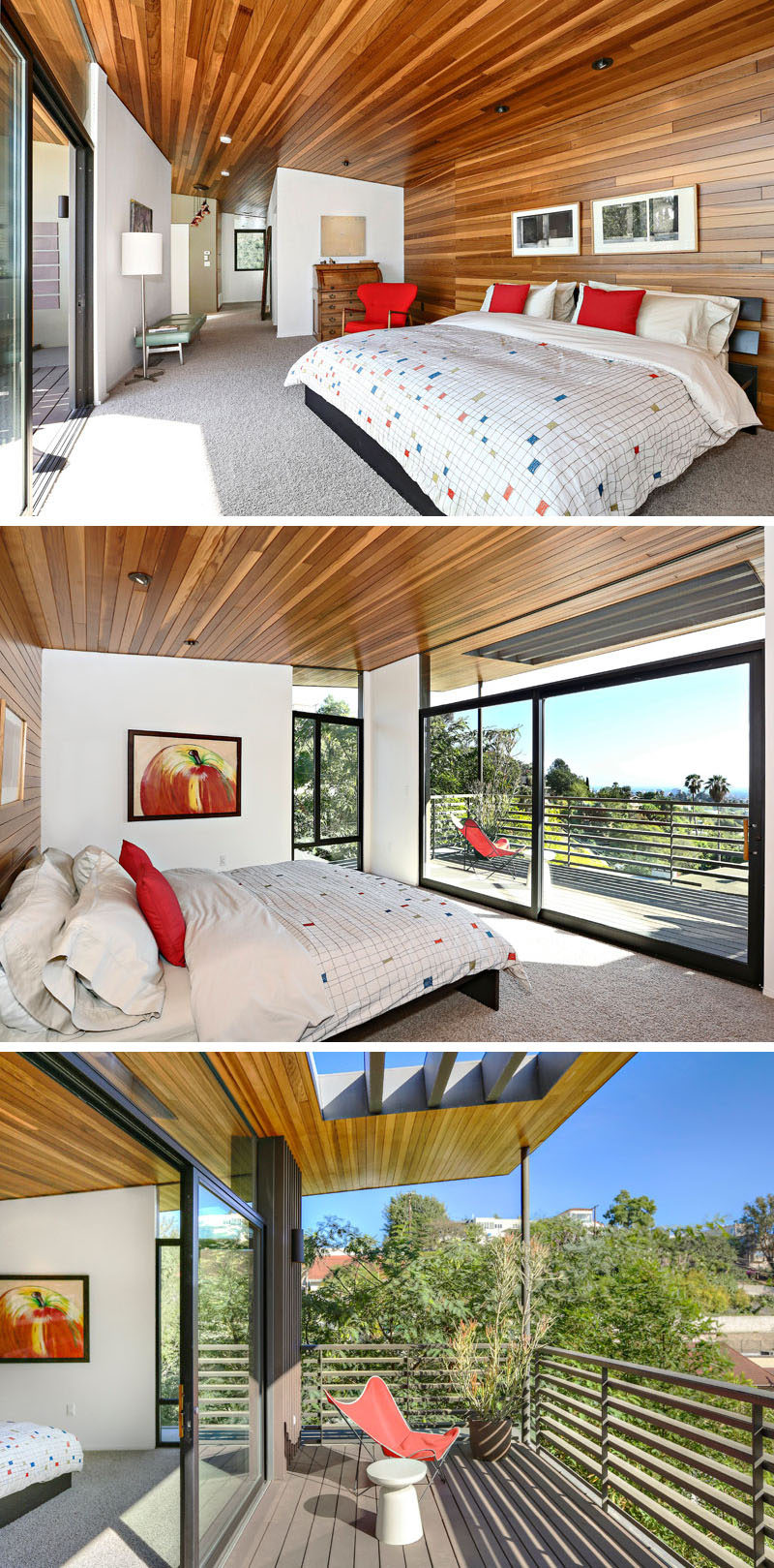 This renovated house has a large, tree-top master suite that features wood that wraps around from the wall and onto the ceiling. The bedroom opens up to its own private deck with ocean views. #MasterSuite #BedroomDesign #WoodCeiling