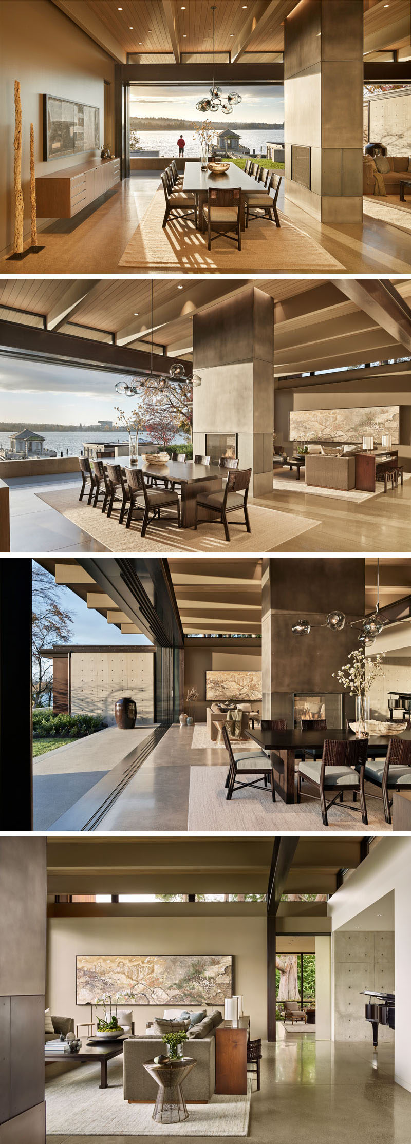 Inside this contemporary waterfront house, the great room of the house has a large dining area, a double-sided fireplace and a comfortable living room. This large room opens up to an expansive terrace and an existing teahouse. #InteriorDesign #GreatRoom #DiningRoom #LivingRoom #Fireplace