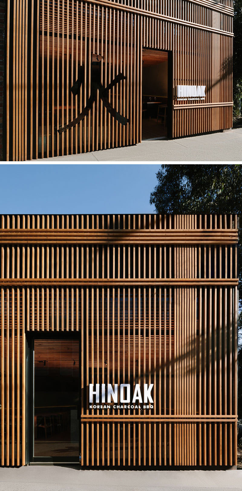 Inspired by traditional Chinese iconography and the work of Japanese architect Kengo Kuma, the facade of this modern Korean BBQ restaurant has a slatted wood exterior with a character cut-out and bright white signage. #WoodFacade #RestaurantDesign