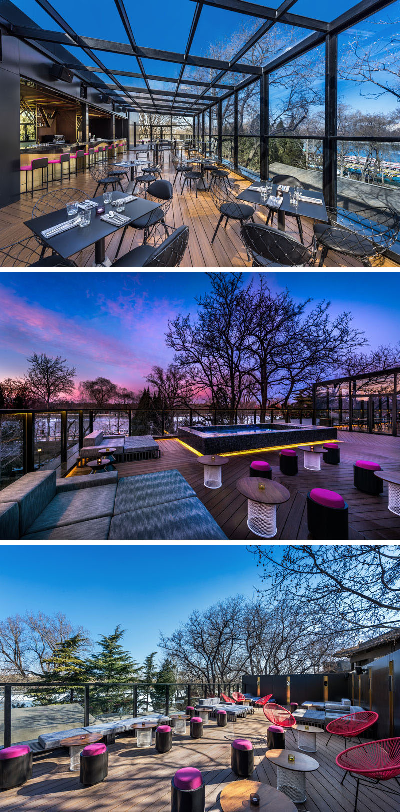 This modern hotel has a Rooftop Moon Bar, that features a treetop alfresco experience, with full views to the picturesque Houhai lake and park, plus there's also a Jacuzzi for relaxing and having a drink. #ModernHotel #Beijing #HotelBar #RooftopBar