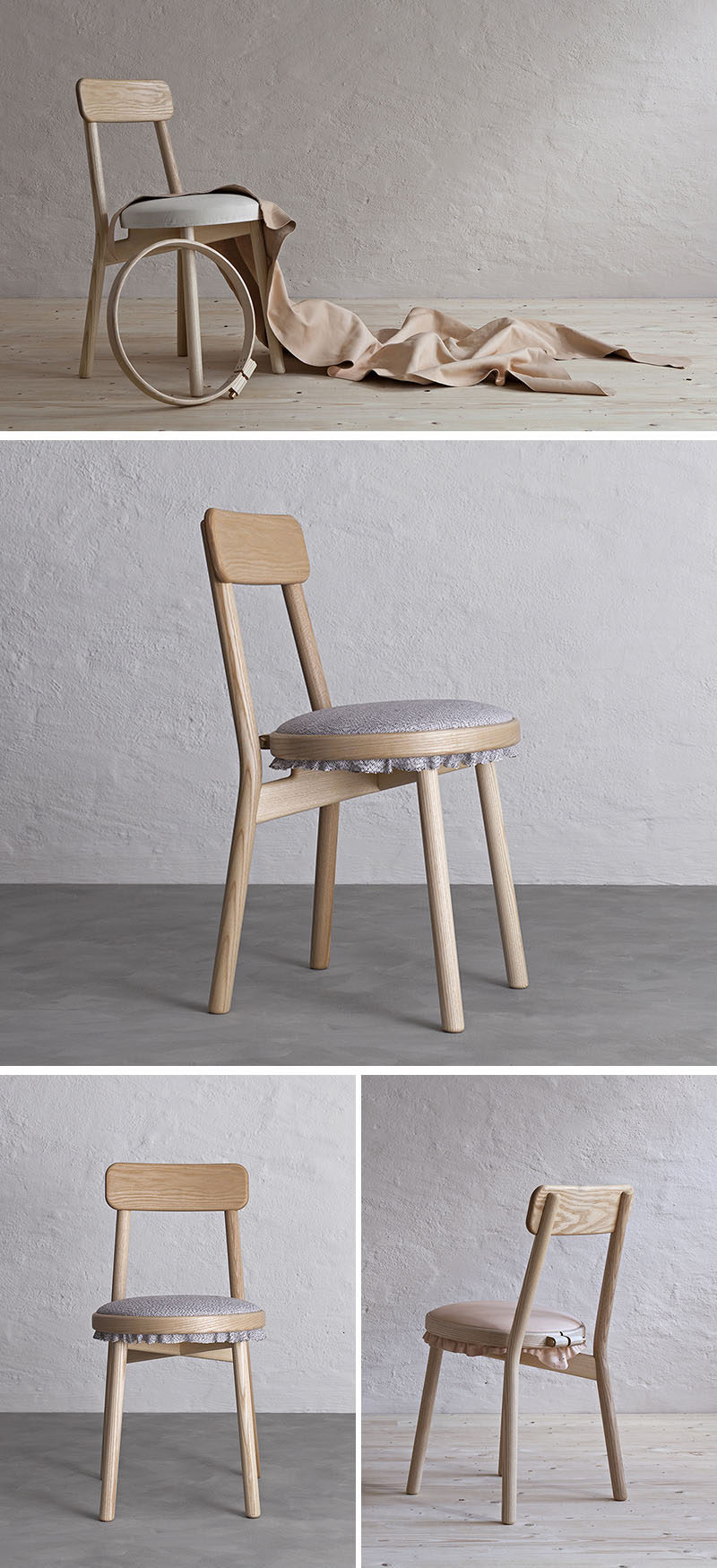 Swedish design firm Stoft Studio, have created the Canvas Chair, a simple wood chair that's been designed with an embroidery frame to highlight the upholstery on the seat. #DiningChair #WoodChair #Design #Furniture