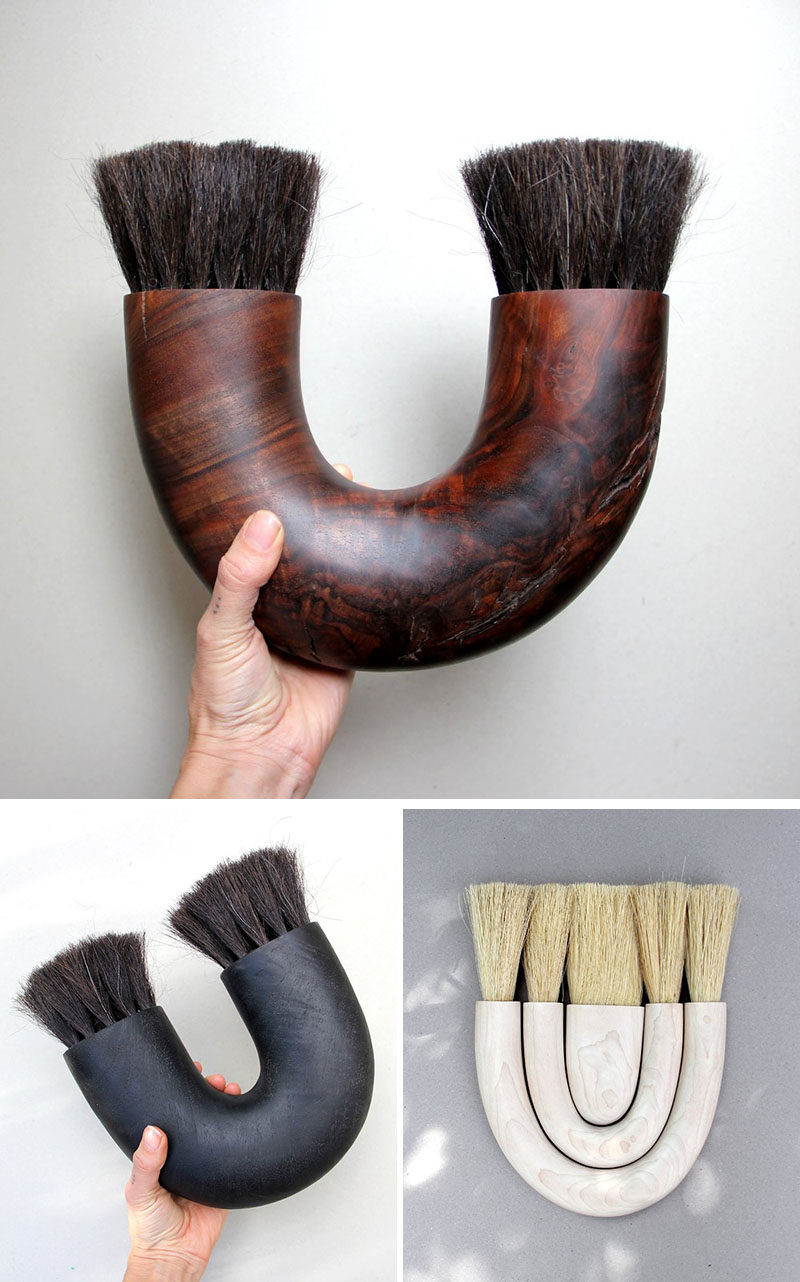 Sculptor and woodworker Ariele Alasko, has created a collection of modern wood abstract sculptures and home decor items like brushes, trays and candle holders. #Brushes #HomeDecor #Wood