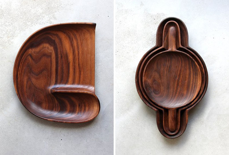 Sculptor and woodworker Ariele Alasko, has created a collection of modern wood abstract sculptures and home decor items like brushes, trays and candle holders. #WoodTray #HomeDecor #Wood