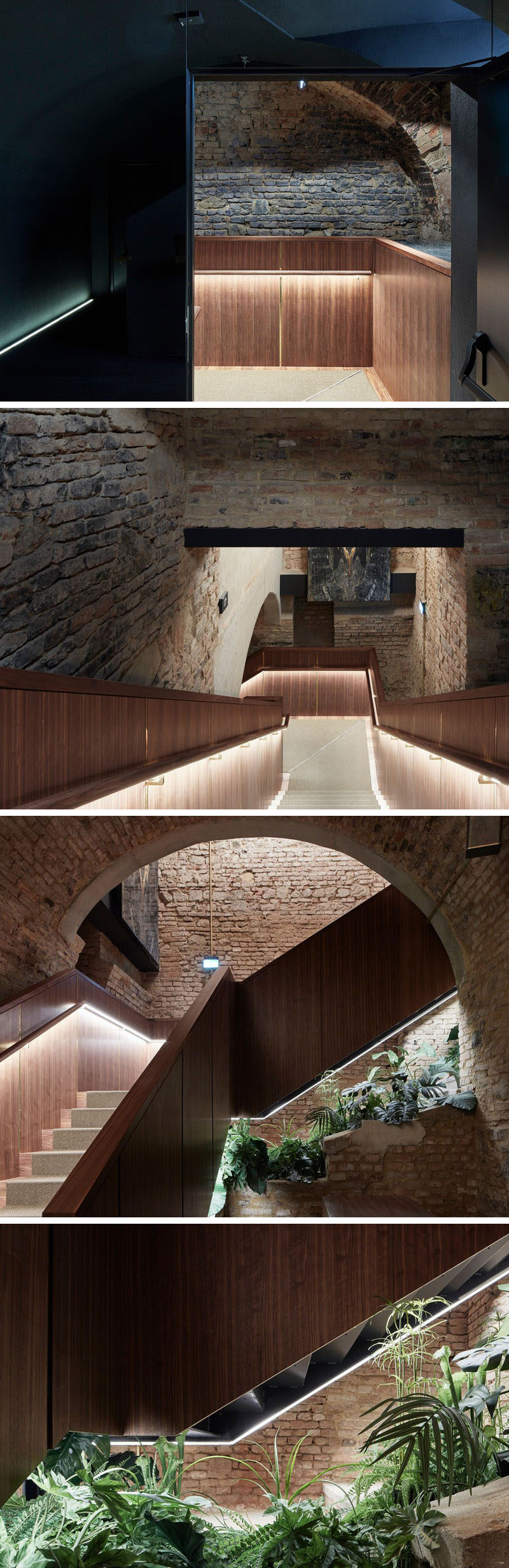 A wood staircase with lighting leads down to an underground cocktail bar that dates back to the late 18th century. #UndergroundBar #Stairs #CocktailBar