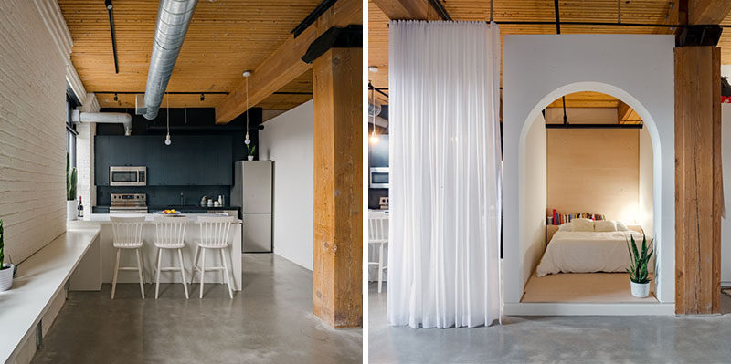 Studio AC have designed a modern loft in Toronto, Canada, for a young professional that wanted something fun, functional and unique. To achieve this, the designers used a combination of curtains and walls to create privacy and separation in the space. #ModernLoft #InteriorDesign