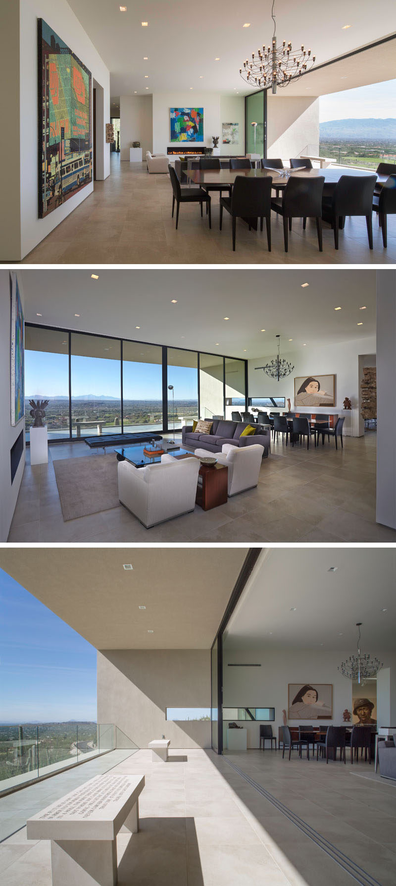 This large open plan room is home to a dining area and living room. A sliding glass wall opens up to a covered deck. #SlidingGlassWall #DiningRoom #LivingRoom #OpenPlan