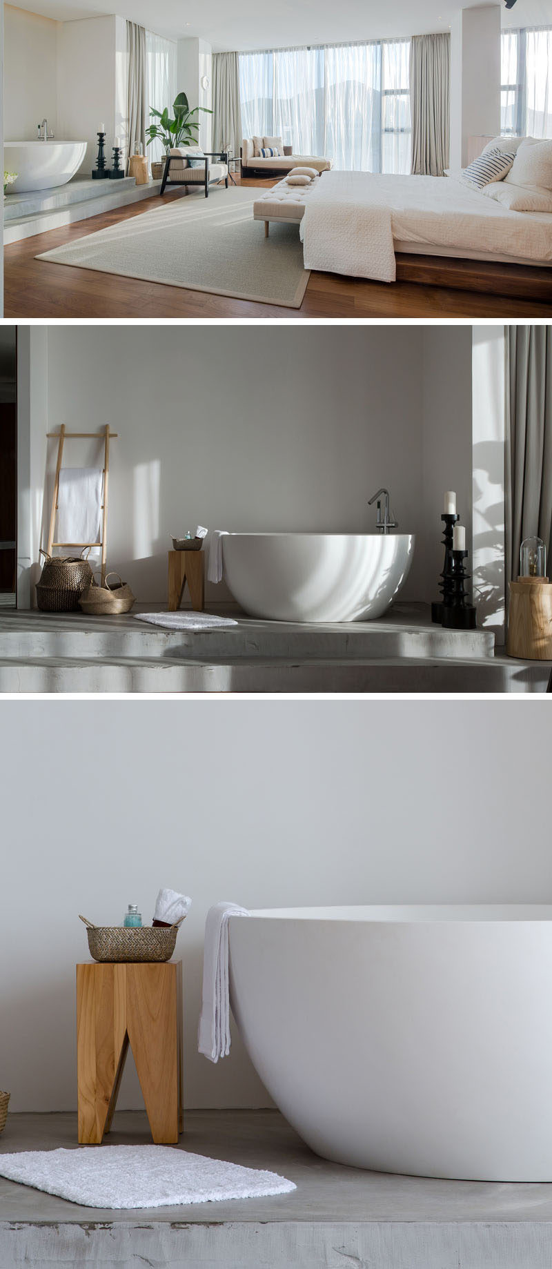 This modern apartment has a bath area with a freestanding deep soaking bathtub that's slightly raised up from the main floor and is defined by a concrete floor. #ModernBathroom #OpenBathroom #FreestandingBathtub