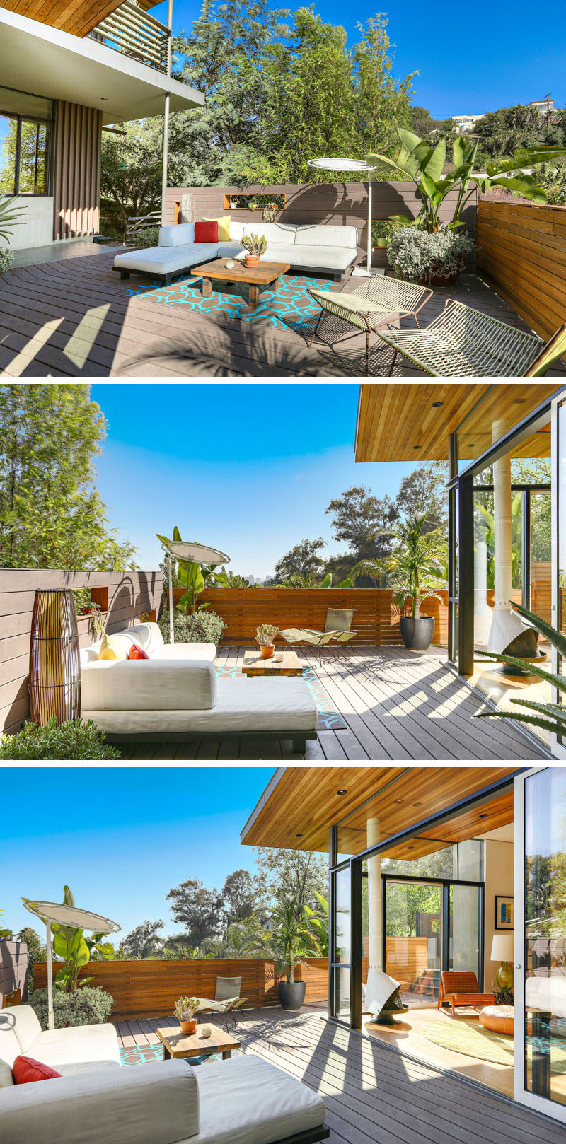 This contemporary house has a large deck with plenty of space for outdoor lounging. #Deck #OutdoorSpace