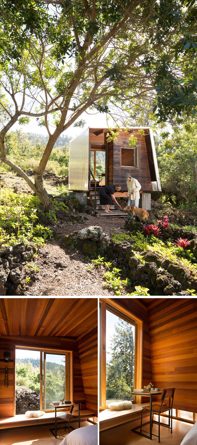 This small and modern cabin houses a small bedroom that looks out towards the lava flow through a large sliding window. Inside, the walls are covered in wood and there's just enough room for a bed, a built-in bench and a small desk with chair. #ModernCabin #Architecture