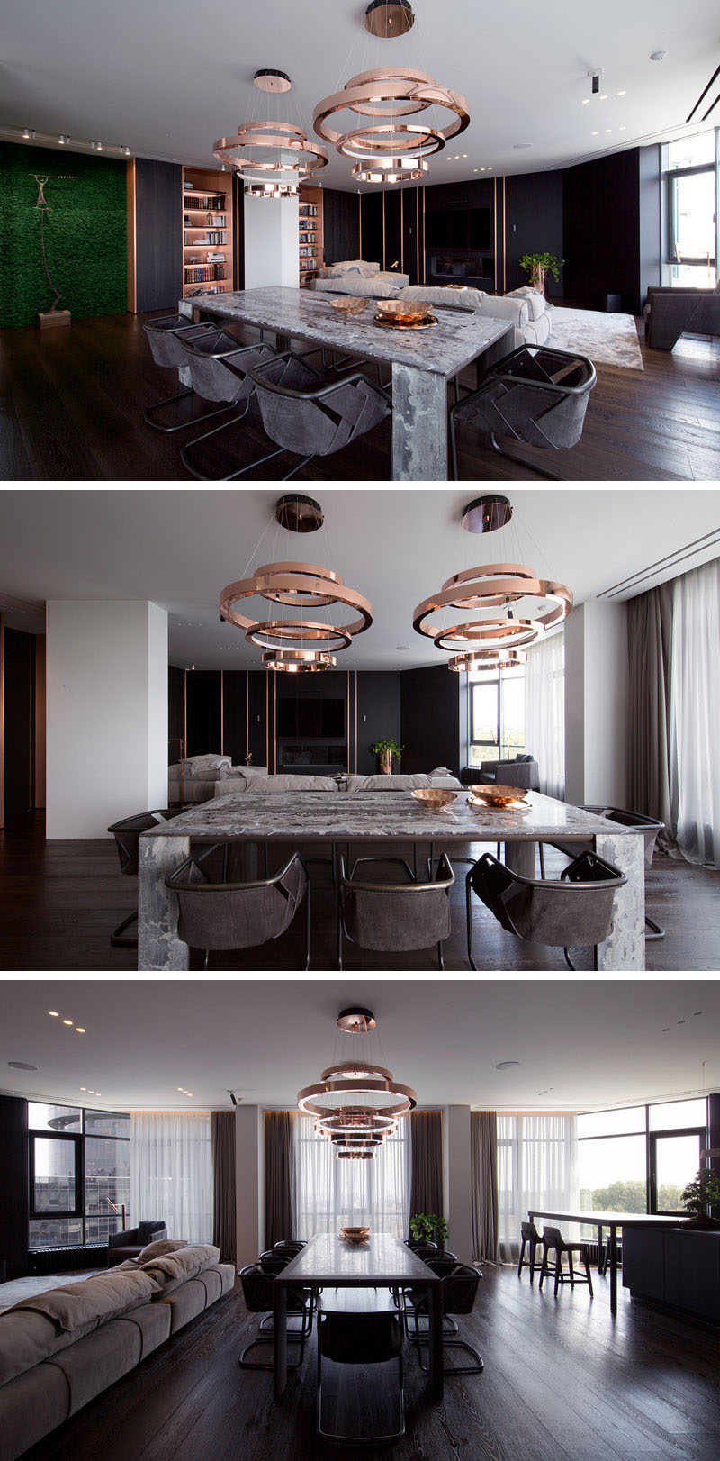 Two sculptural copper pendant lights hang above the dining table to anchor it in the open space of this modern apartment. #DiningRoom #CopperLighting #InteriorDesign