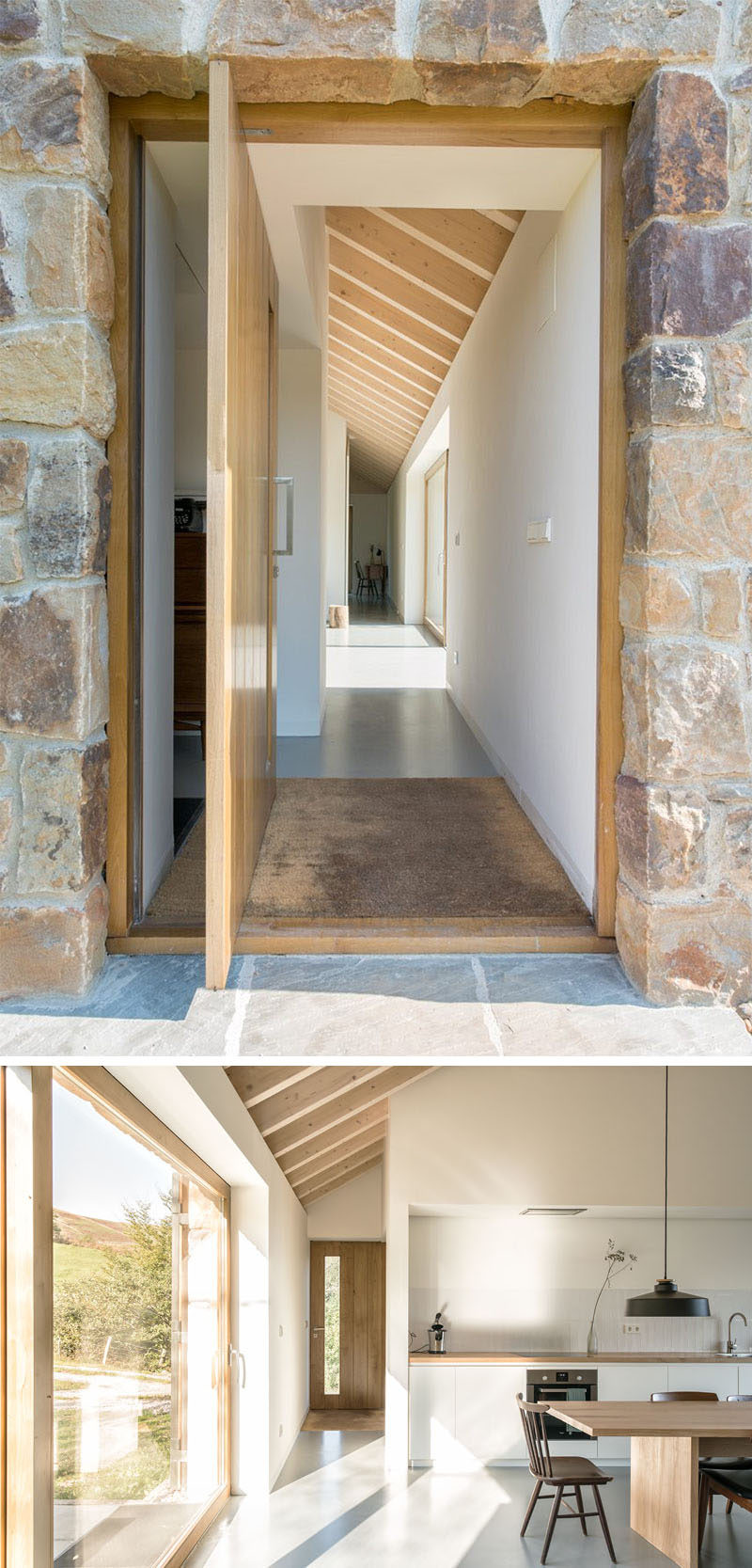 The rough exterior stone-walls and roof of this stone cottage contrast the bright white and wood contemporary interior. #StoneCottage #ContemporaryCottage