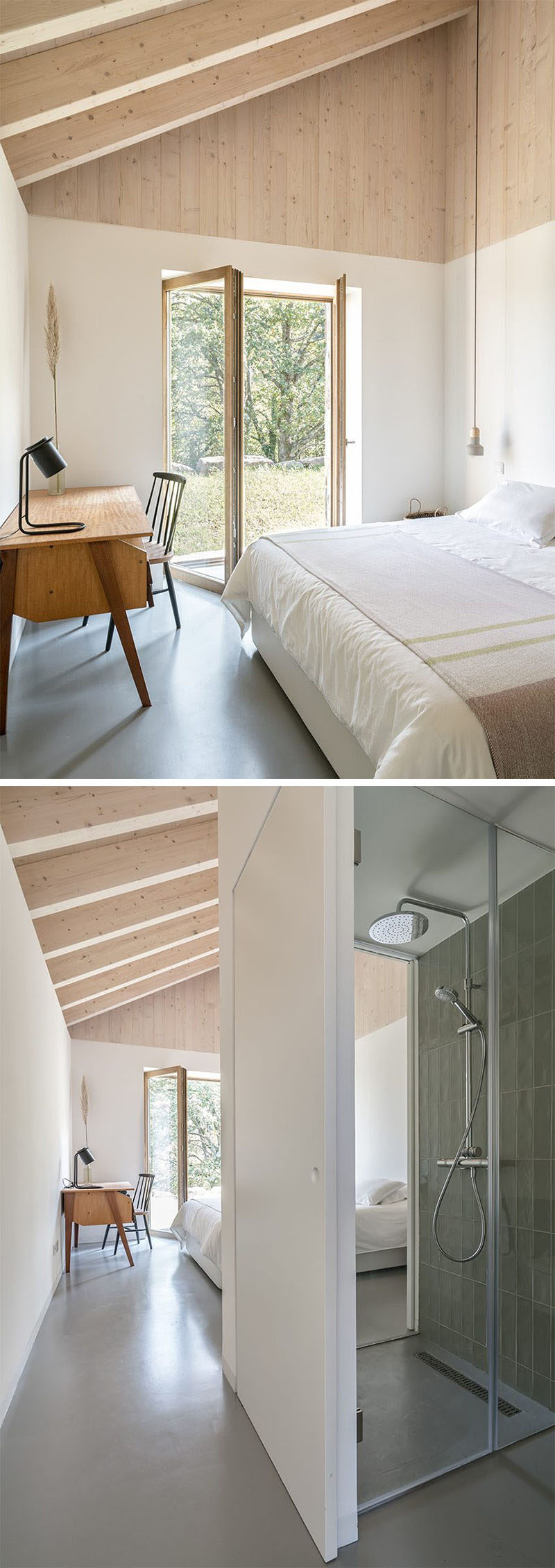 This bedroom in a contemporary stone cottage has a bathroom with a shower that has views of the bedroom. #BedroomDesign #ContemporaryBedroom #BathroomDesign #StoneCottage