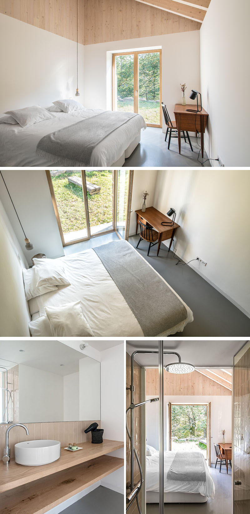 This bedroom in a contemporary stone cottage has a bathroom with a shower that has views of the bedroom. #BedroomDesign #ContemporaryBedroom #BathroomDesign #StoneCottage