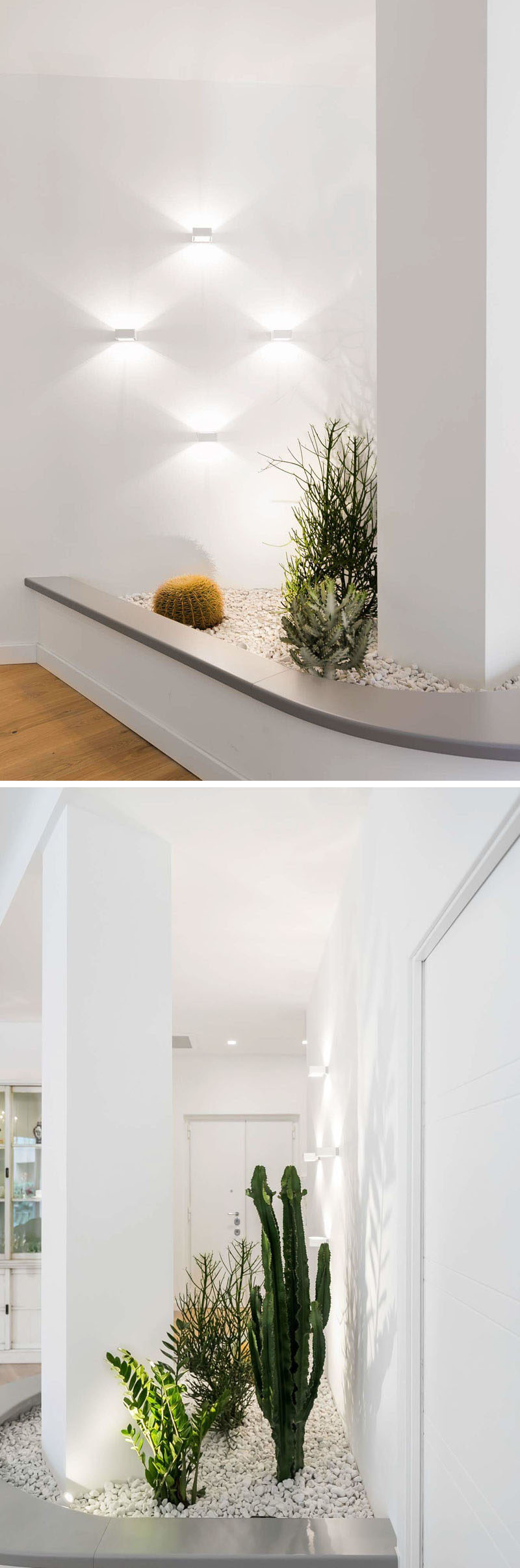 To work with an awkward column, the designers of this interior built a planter with a bench that incorporates the column, and draws the eye to the lighting and plants, helping the column to 'disappear' and blend into its surroundings. #Column #InteriorDesign #Planter #BuiltInPlanter