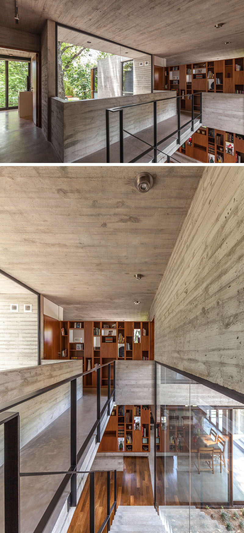 At the top of these concrete stairs and across a small bridge, there's wood cabinetry that matches the shelving downstairs. #WoodShelving #Concrete