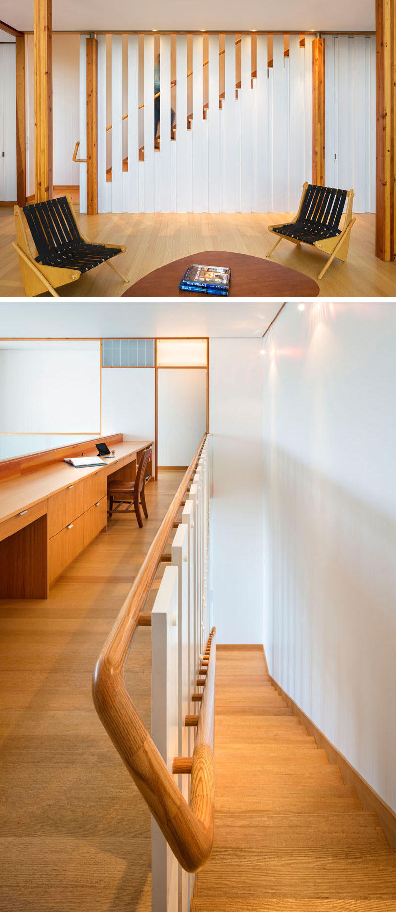 Wood has been used throughout the interior of this modern farmhouse to create a contrast with the mostly white interior. Stairs lead up to the second floor of the farmhouse, and at the top of the stairs, there's a home office area with a long built-in wood desk. #Wood #Desk #InteriorDesign