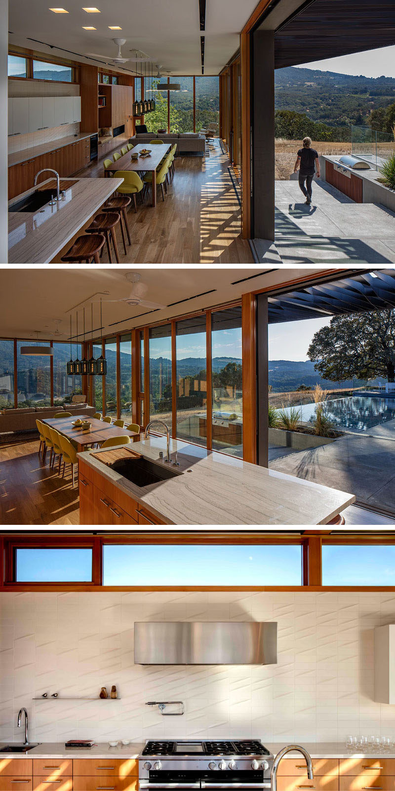 Inside this modern house, the kitchen, dining area and living room share the same space, while in the kitchen, wood cabinets match the cabinetry outside underneath the barbecue. #InteriorDesign #KitchenDesign