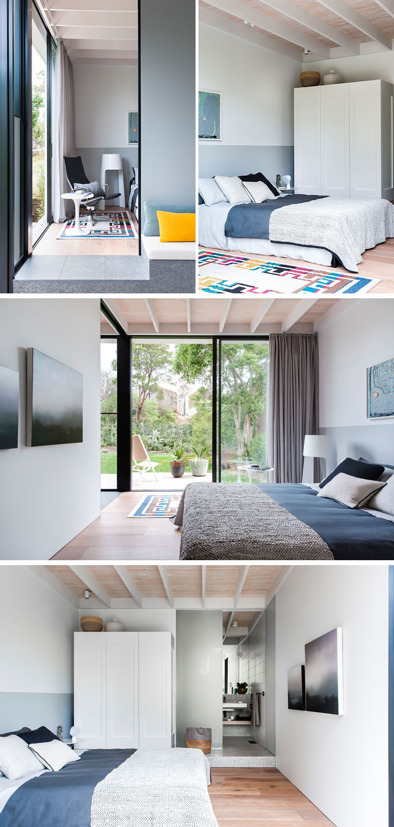 This modern bedroom has a sliding door that leads to the backyard, that provides plenty of natural light to the room that has grey and white walls with wood flooring. #ModernBedroom #BedroomDesign