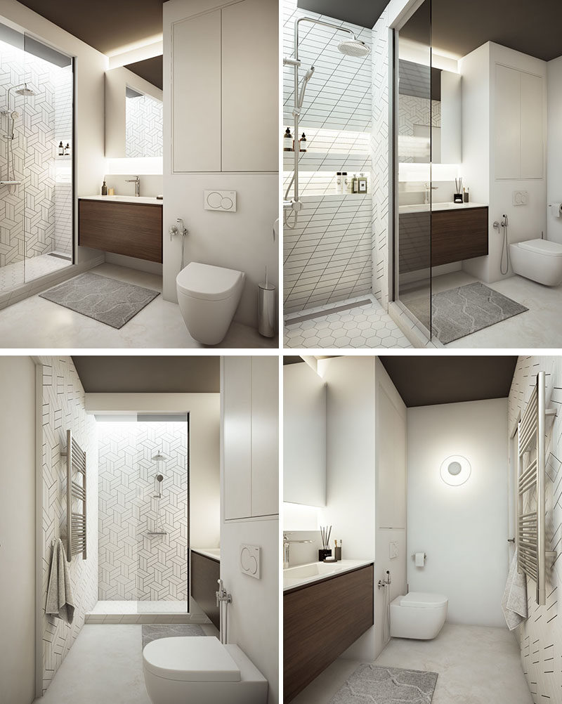 In this modern bathroom, there's a wide sink with storage below and a mirror was is lit with with hidden illumination above and below. In the shower, built-in shelves have been installed with more hidden lighting along the wall. #ModernBathroom #HiddenLighting