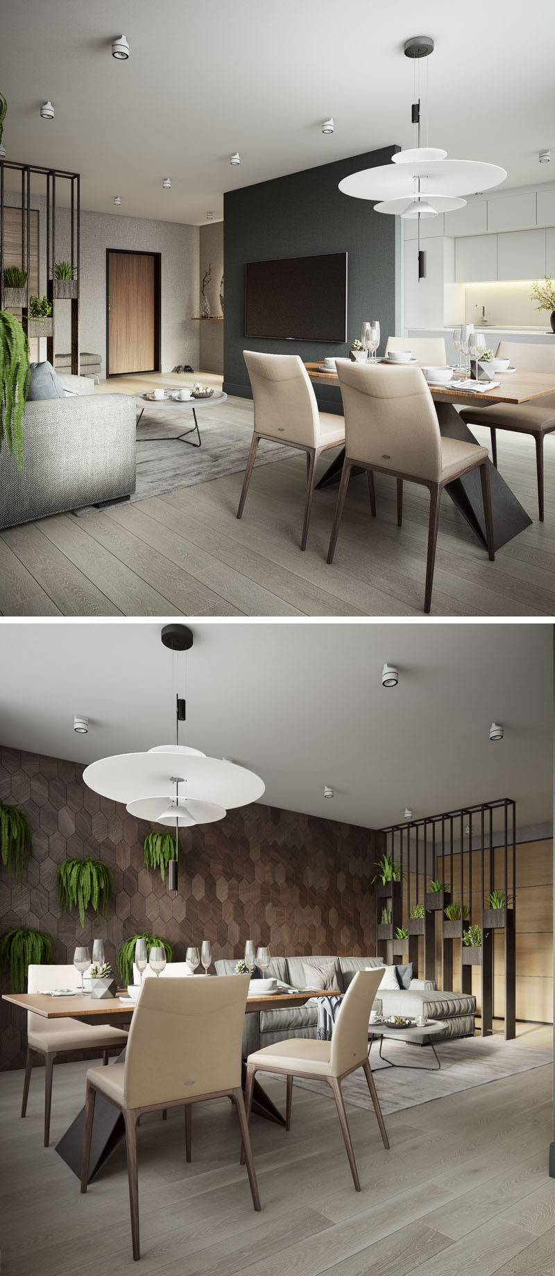 In this modern apartment, a small four person table with an angled base is surrounded by light colored dining chairs, and an artistic pendant light hangs above it. #DiningArea #ModernApartment