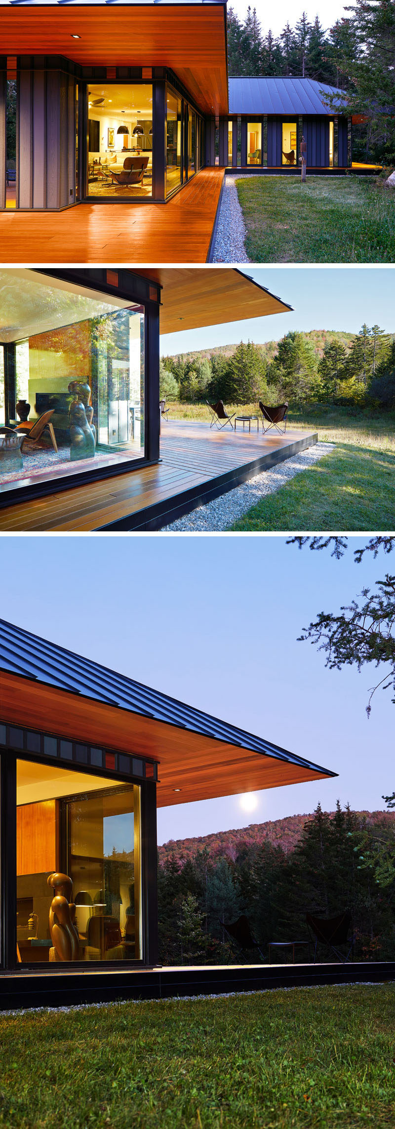 The exterior of this house has a standing seam black metal roof, hipped in all directions, that's been finished with a knife-edged cedar soffit and is aligned to the cedar deck below #ModernHouse #ModernRoof #WoodSoffit #Cedar