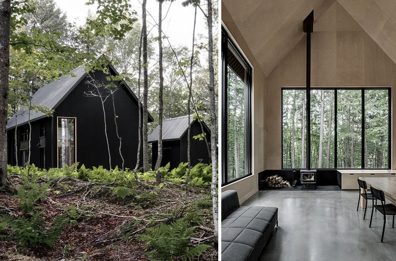 APPAREIL architecture have designed this modern cottage with a separate garage, that sits surrounded by the forest in Austin, an Eastern Township in Quebec, Canada. #ModernCottage #Architecture