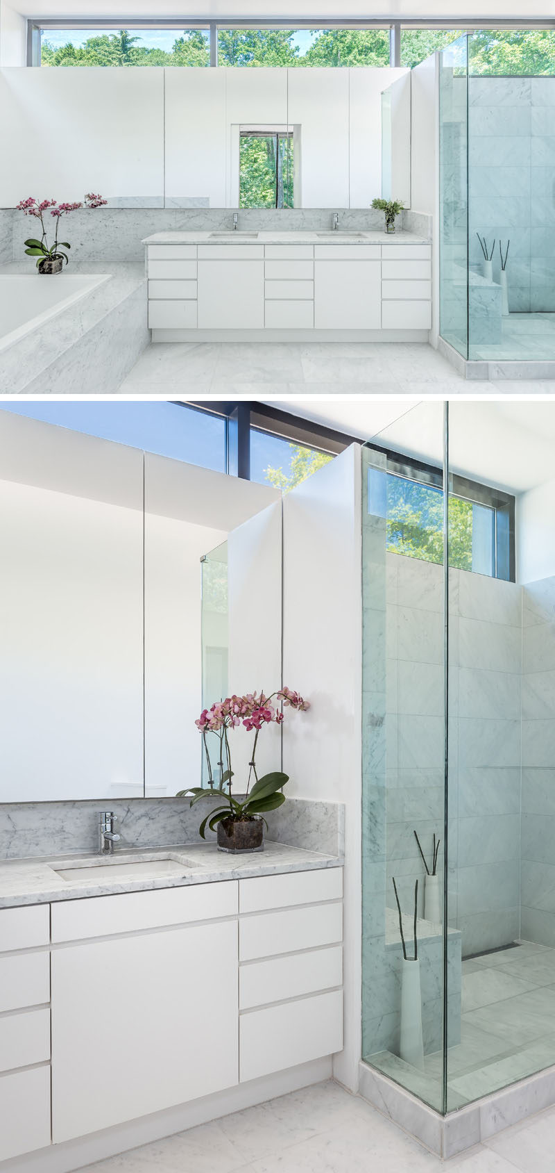 In this modern bathroom, minimalist white cabinets and a large mirror have been used to keep the bathroom bright. #BathroomDesign #WhiteBathroom