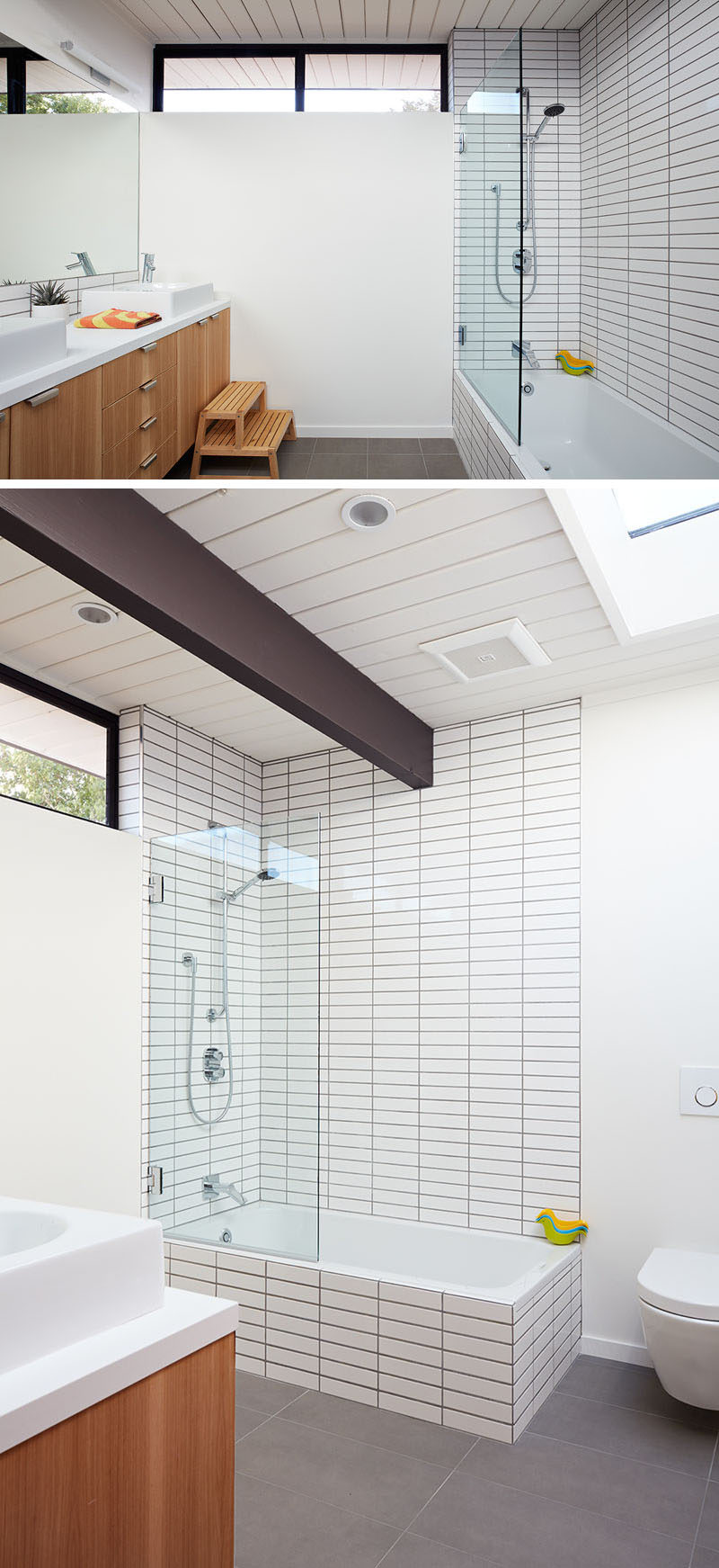 In this modern bathroom, grey tiles have been used for the flooring, while a wood vanity adds a natural touch. In the shower/bath combo, dark grout has been used to accent the white rectangular tiles. #BathroomDesign #ModernBathroom