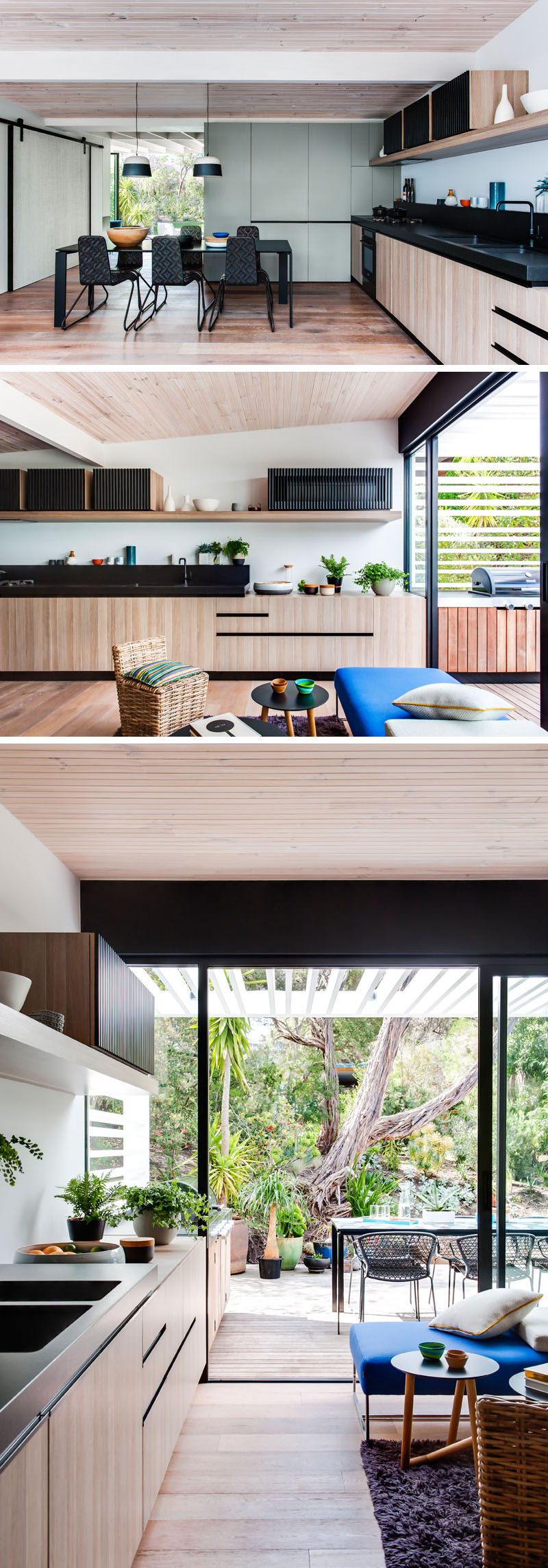 In this modern kitchen, wood cabinetry is combined with black countertops which match the black dining set. Another sliding door at this end of the house opens up to an outdoor space. #ModernKitchen #WoodAndBlackKitchen