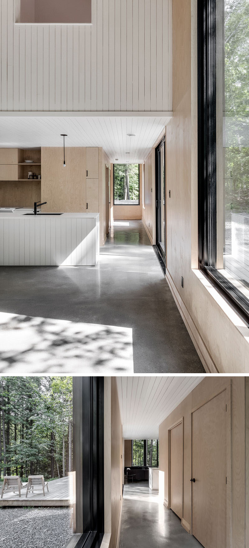 Polished concrete flooring, wood walls and a white accents have been combined to create a contemporary interior for this modern cottage. #ConcreteFlooring #WoodWalls