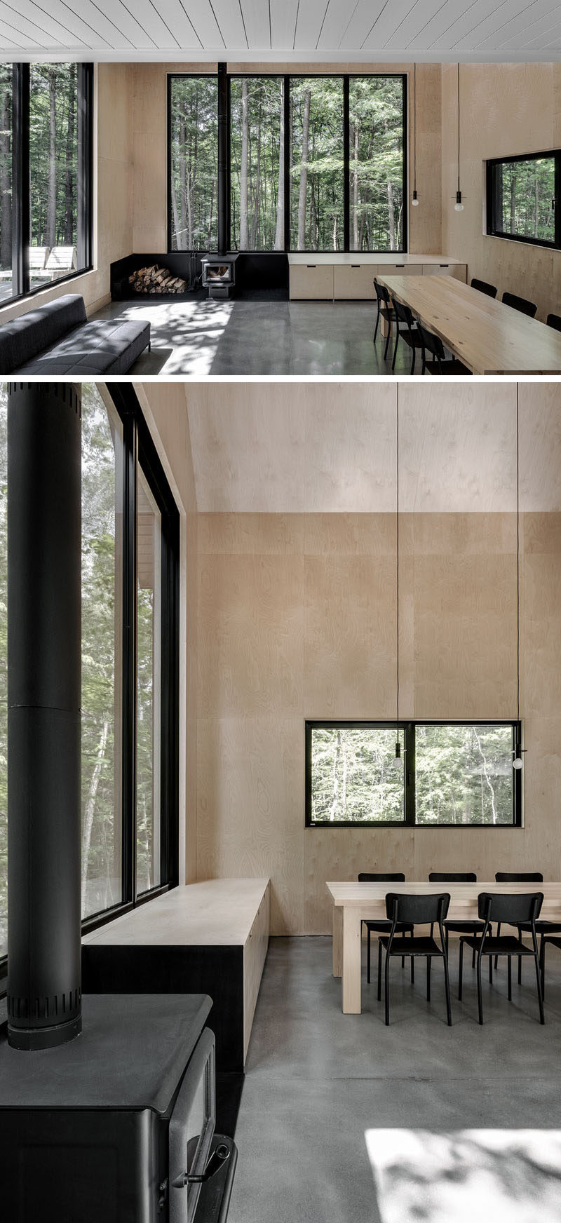 In this modern living room / dining room, a small fireplace and black dining chairs tie in with the black window frames. #BlackAccents #ModernInterior