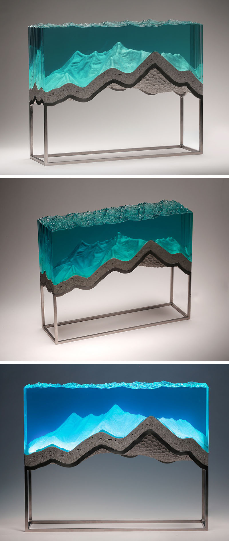Inspired by landscapes of oceans and bodies of water, Ben Young creates concrete and glass sculptures and each of his pieces are hand drawn, hand cut and hand crafted. #Art #Sculpture #Concrete #Glass