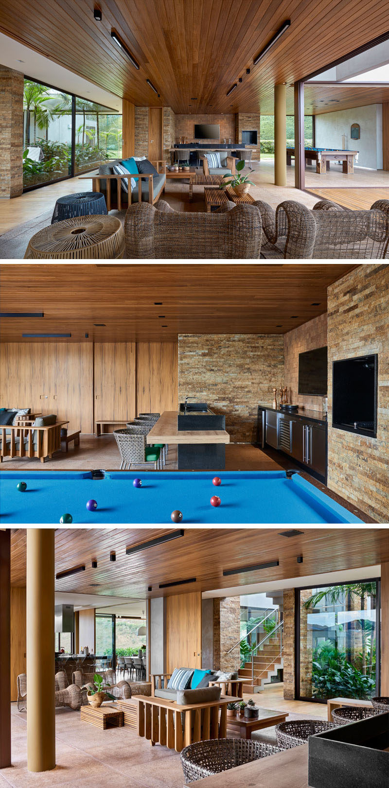 This modern house has an entertaining area with a lounge, bar and pool table, that opens up to a deck and swimming pool. #EntertainingArea #InteriorDesign