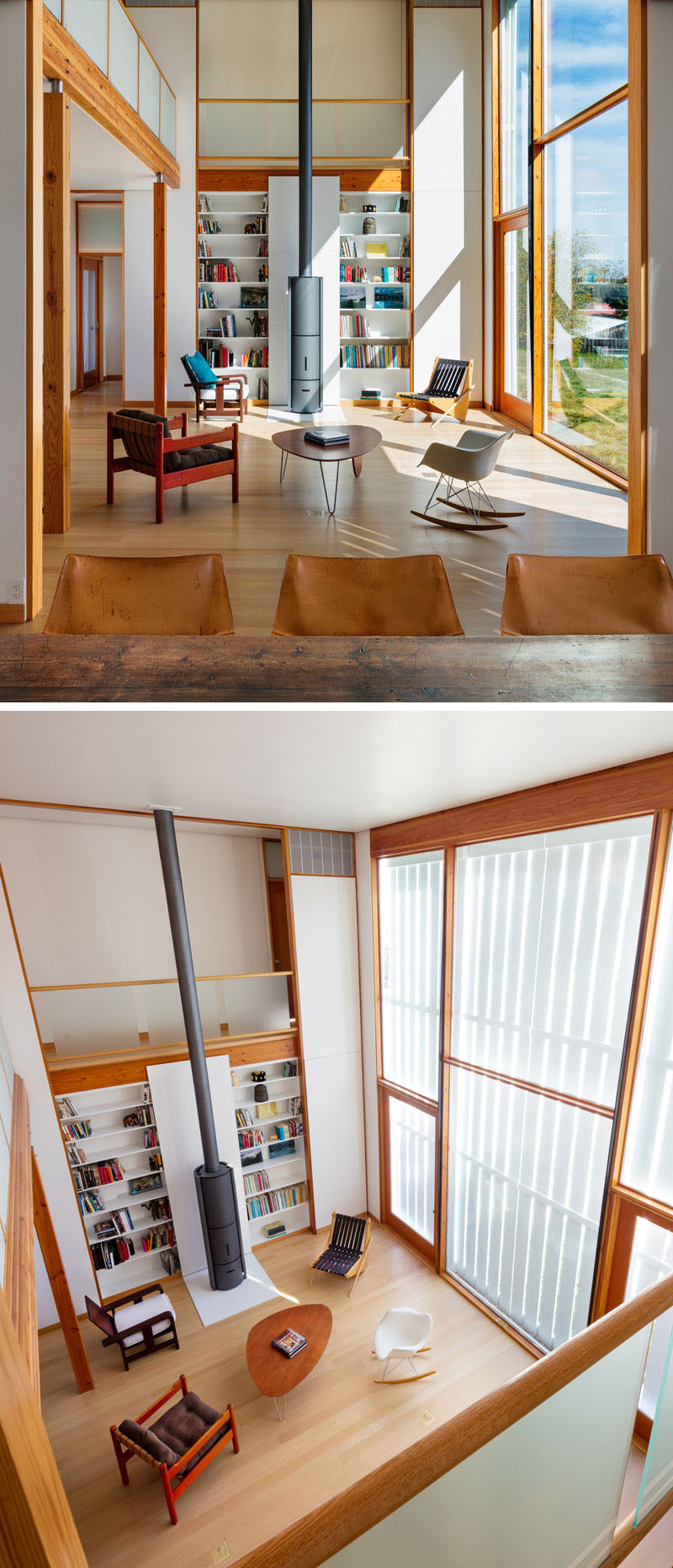 Inside this modern farmhouse, the double height ceilings create a lofty and open space, while large windows fill the interior with natural light. #InteriorDesign #Shelving