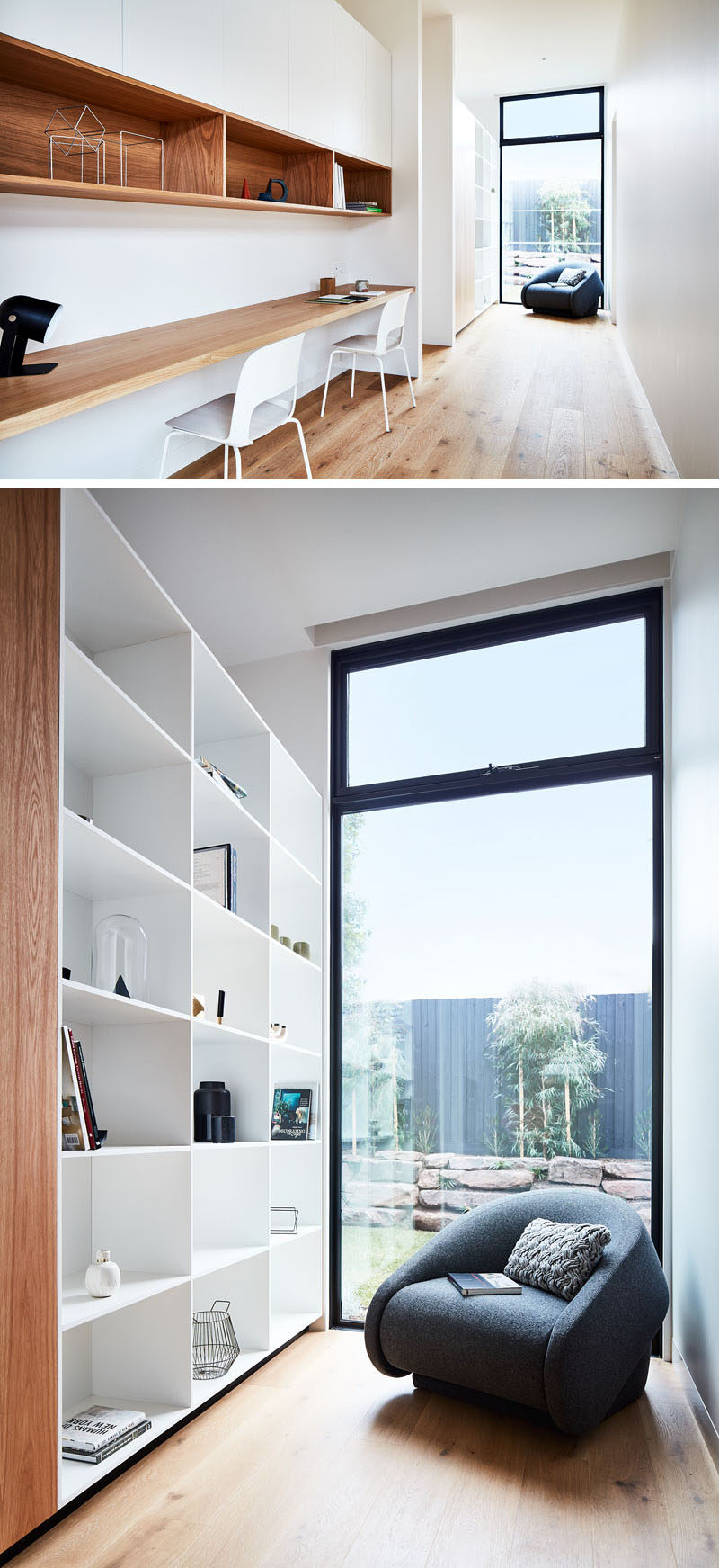 In this modern house, a home office (or homework station) has been tucked into a hallway. It has a long wood desk and open wood shelving, and next to the window is a small library area with a bookcase. #HomeOffice #HomeworkStation #HomeLibrary