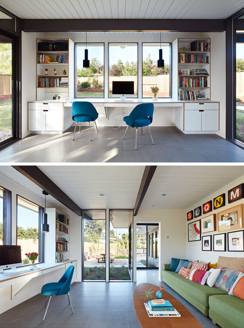 This modern home office has large windows with views of the yard that make it bright and airy, while a custom desk unit was designed to perfectly fit the space. #HomeOffice #BuiltInDesk