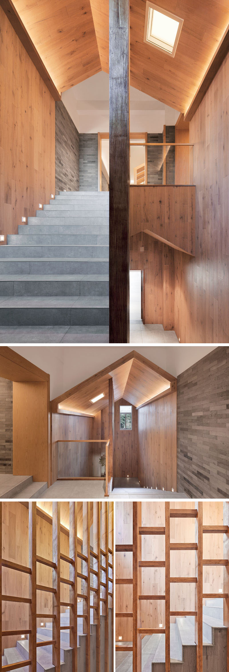 Stairs surrounded by wood lead to the upper floor of this modern hotel, while a skylight and hidden lighting make sure the stairwell is bright and well lit. #ModernHotel #Stairs #Wood #Lighting