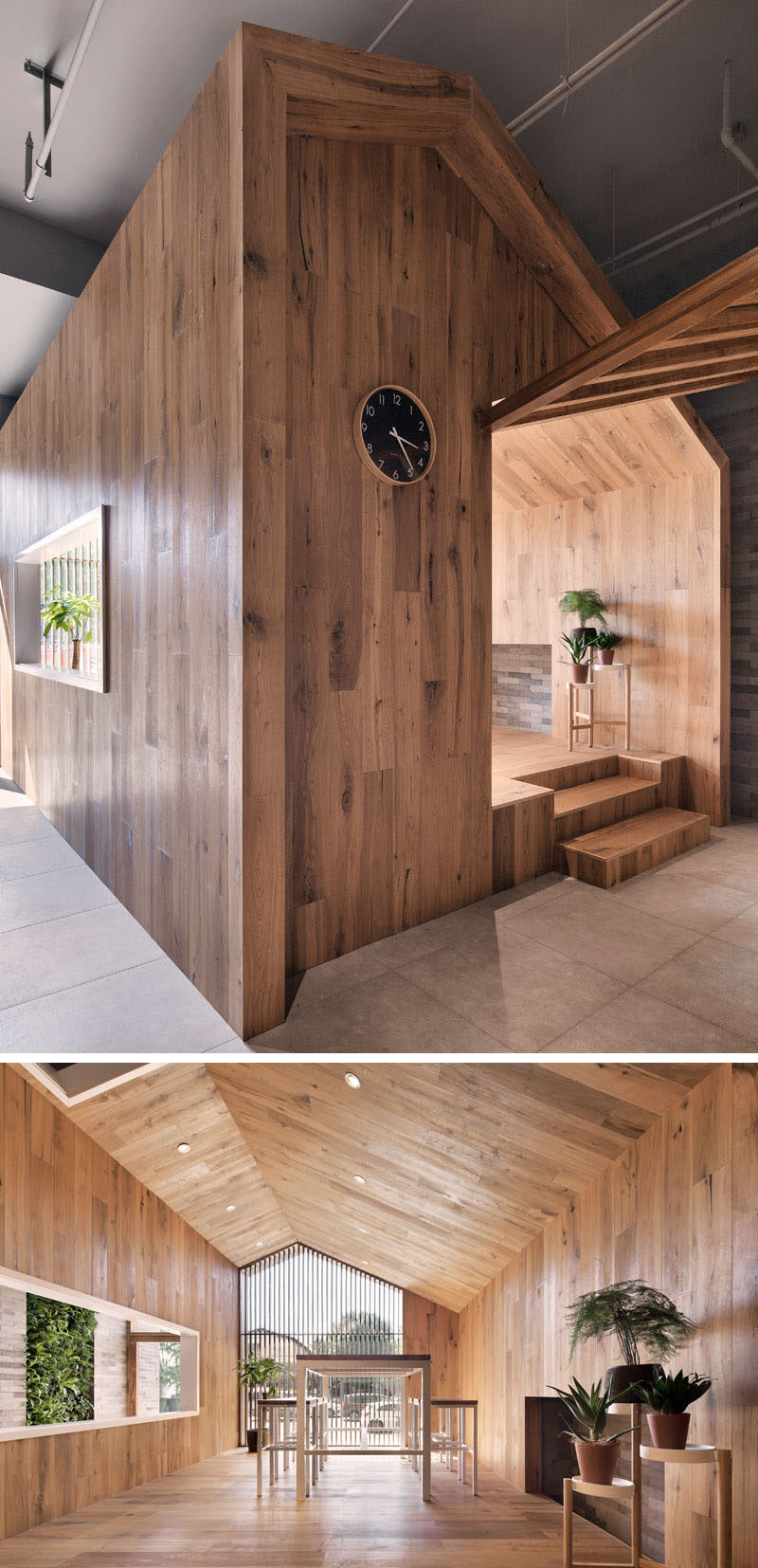 This modern hotel has a 'little house' that's made from wood and if furnished with a table and stools that look out onto street and the entrance of the hotel. #ModernHotel #HotelDesign