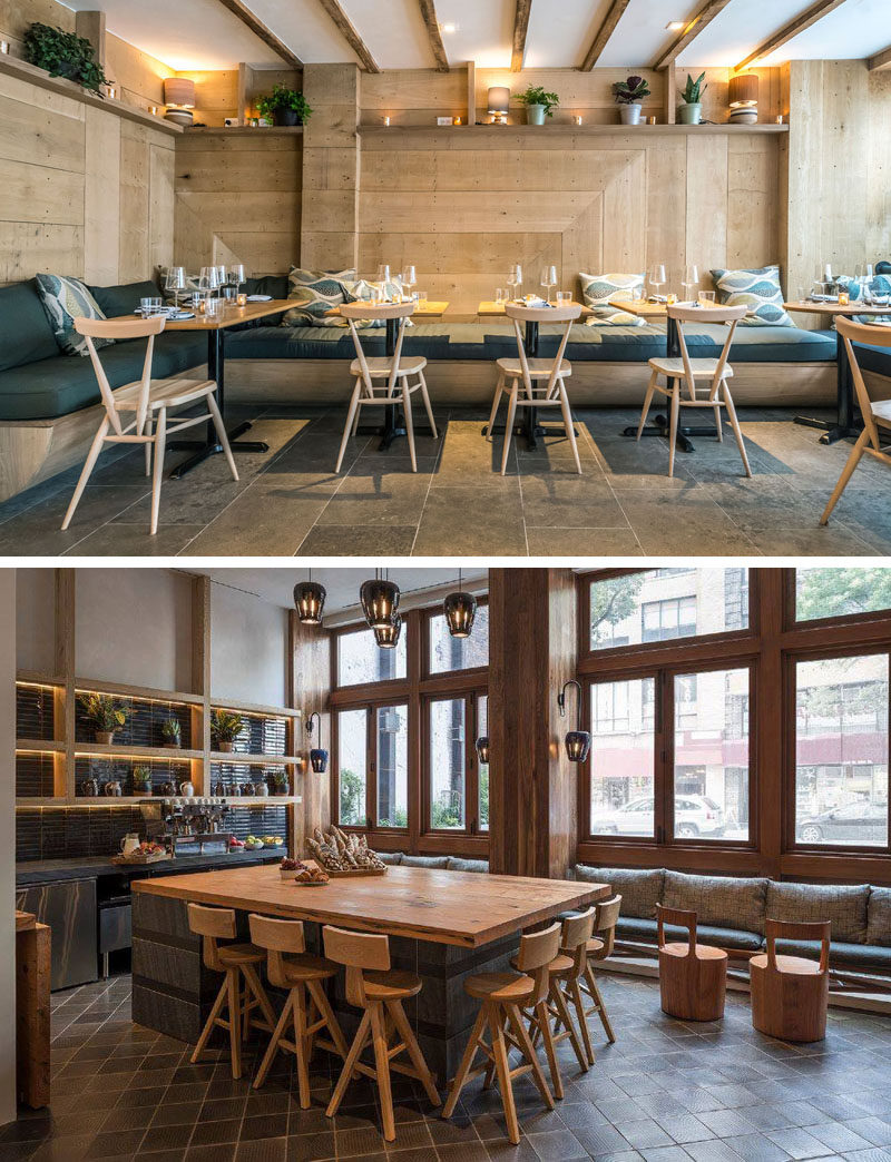 This modern hotel has a restaurant named Ferris, that features wood walls and relaxed seating, as well as a tea/coffee area named Paper. #ModernHotel #RestaurantDesign