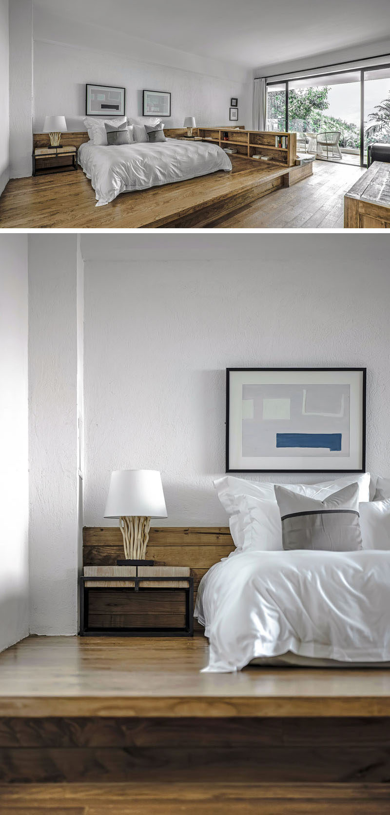 In this modern hotel room, the bed is raised up from the floor on a wood platform. #RaisedBed #ModernHotelRoom