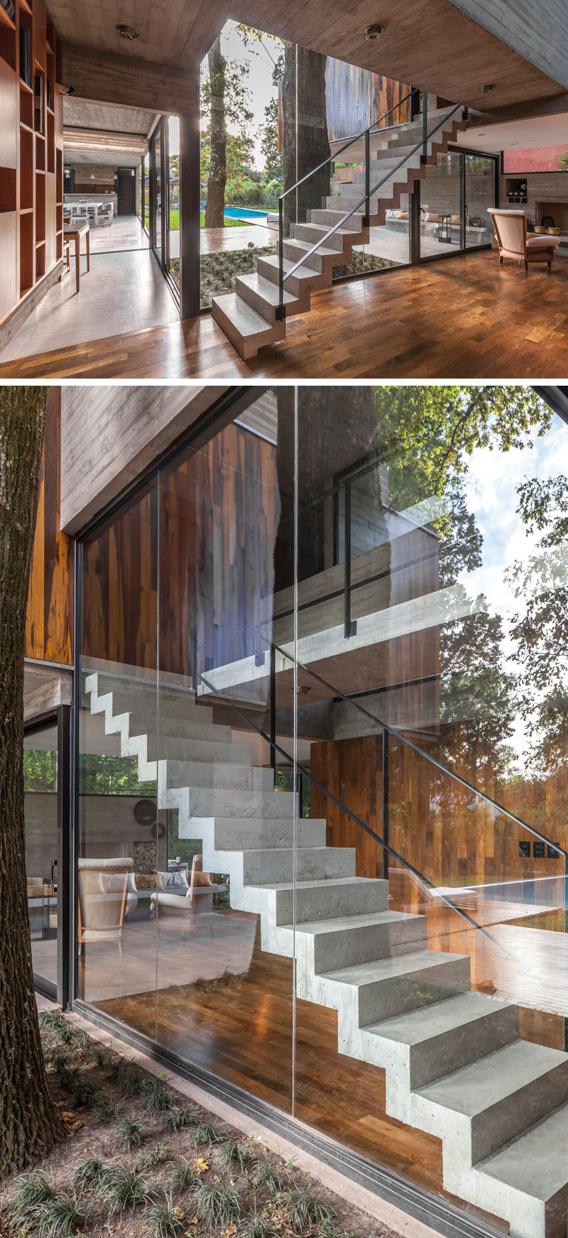 Concrete stairs lead to the upper level of this modern house, while the large windows show off the stairs when viewed from the backyard. #ModernStairs #ConcreteStairs #Windows
