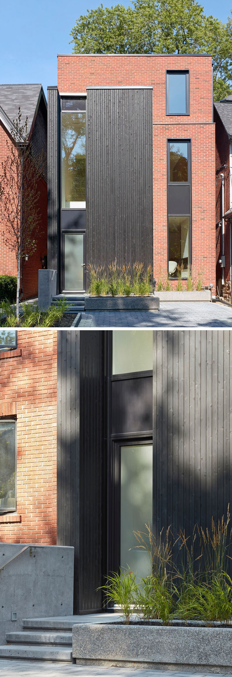 This modern house in Toronto features tall slender windows with a red brick and black-stained cedar facade. #ModernHouse #BlackCedar #RedBrick #Facade