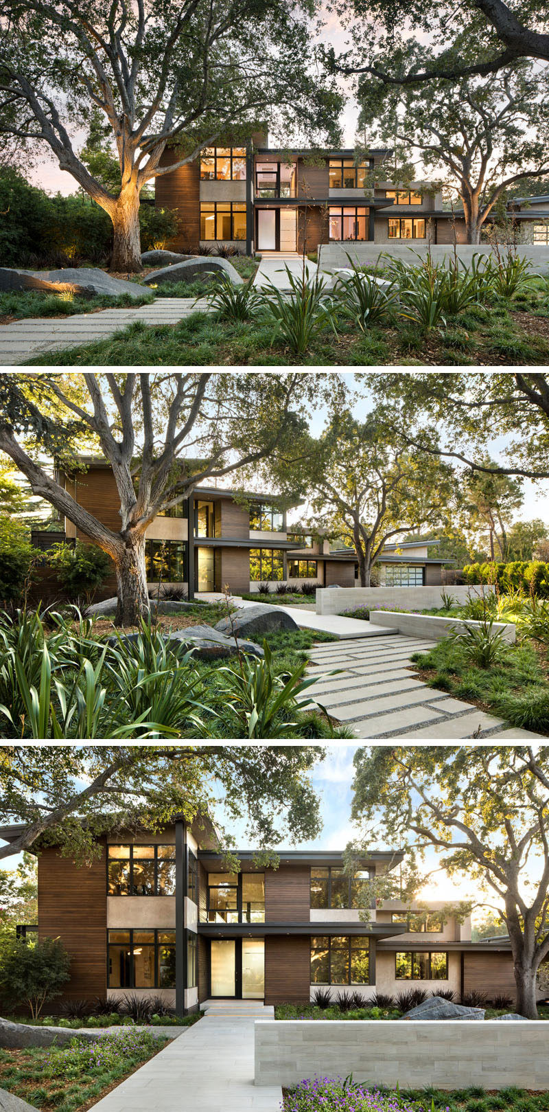 This modern house has small plants and grasses that surround established trees that are highlighted with the use of lighting, and a path leads to the front door. #ModernLandscaping #ModernGarden #ModernHouse