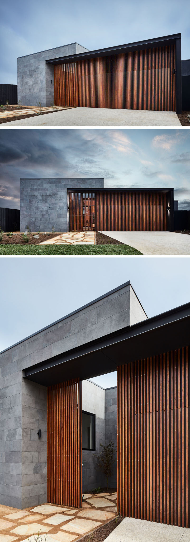 This modern house has a facade of horizontal bluestone slabs and vertical natural hardwood. The front door to the home blends in with the vertical wood slats, creating a modern exterior. #ModernHouse #Stone #Wood